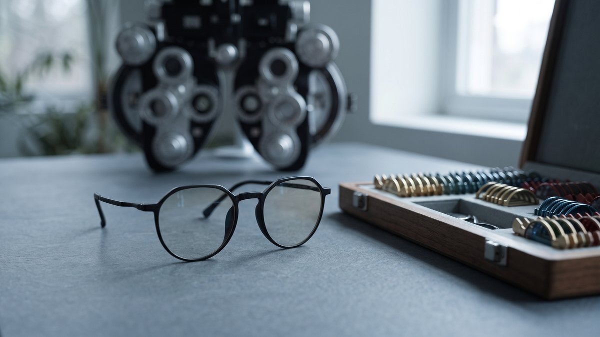 Ochelari de calculator cu dioptrii pe biroul unui oftalmolog